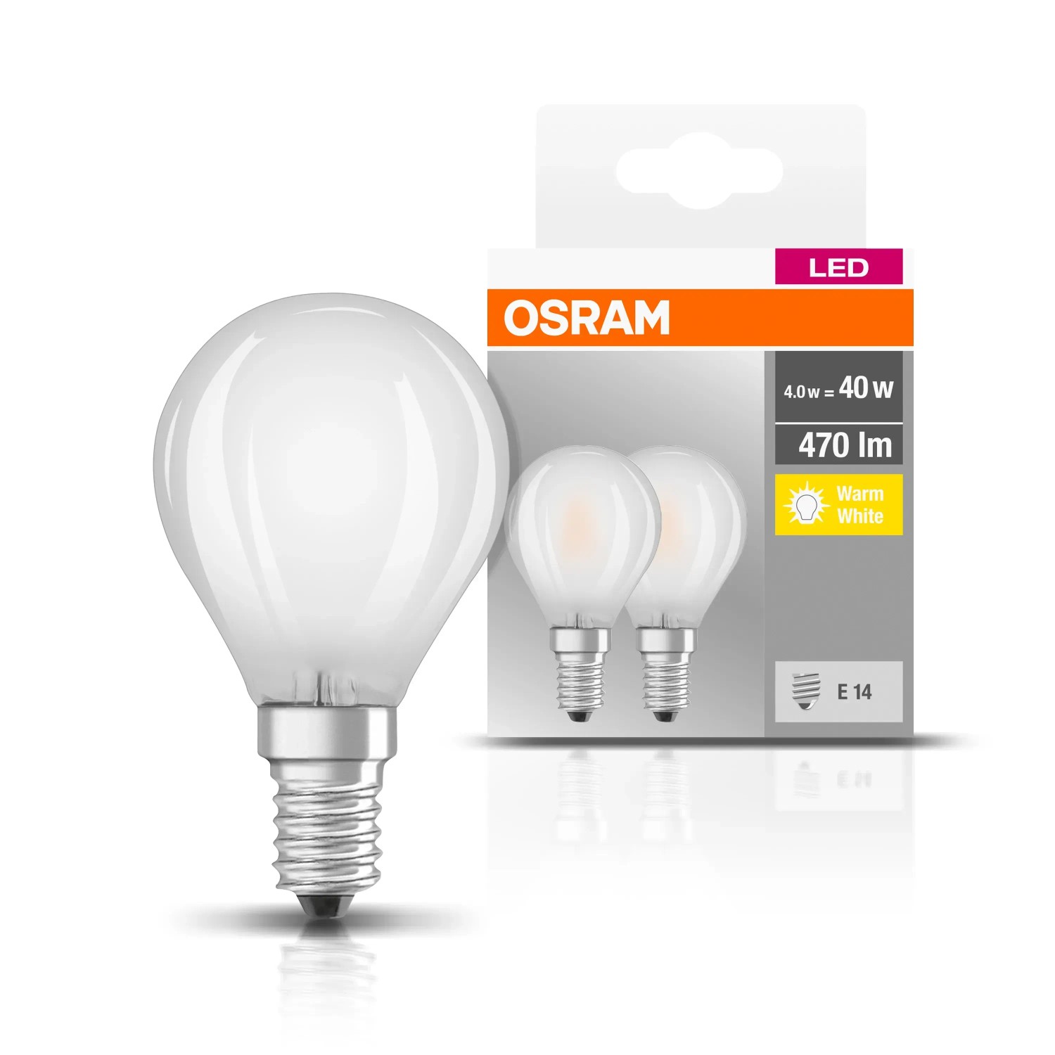 E-shop OSRAM LED žiarovka Base Classic P40, E14, 4 W, 470 lm, 2700 K, opálová, 2 ks