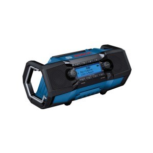 Modro-čierne akumulátorové rádio Bosch Professional GPB 18V-3SC s reproduktormi, displejom a rukoväťou. Robustné.