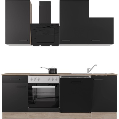 Kuchynská linka Flex-Well Capri, 220 cm, čierna matná/Endgrain Oak so spotrebičmi a drezom.