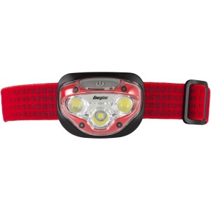 Čelovka Energizer Vision HD s červeným pásikom a tromi LED diódami. Batérie sú súčasťou balenia.