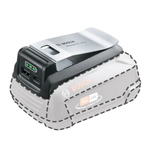 Bosch USB adaptér powerbanka Universal 18 V-45 s USB-A/C portami a kovovou sponou na batérii.