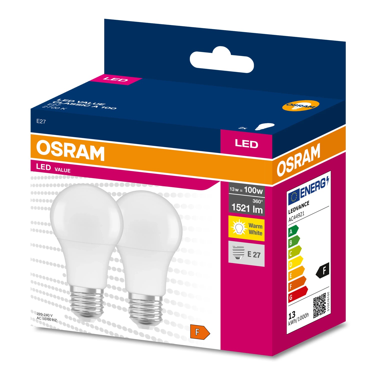 E-shop OSRAM LED žiarovka VALUE CLASSIC A 100, A60, E27, 13W, 1521lm, 2700K, 2 ks