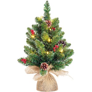 Umelý vianočný stromček Creston s LED, 45 cm, s jutovou základňou, šiškami a bobuľami.