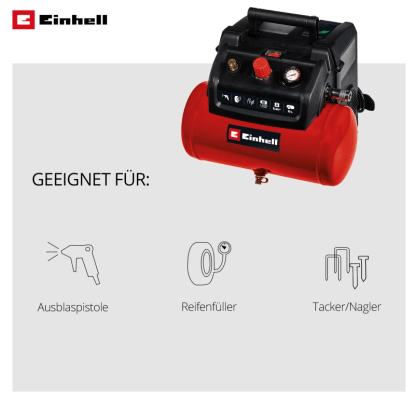 Červený bezolejový kompresor Einhell TC-AC 190/6/8 s rukoväťou, ukazuje použitie na ofukovanie, hustenie pneu, sponkovanie.