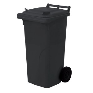 Sivá smetná nádoba s vekom a kolieskami.