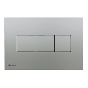 Strieborný ovládací panel WC Ravak s dvomi tlačidlami.