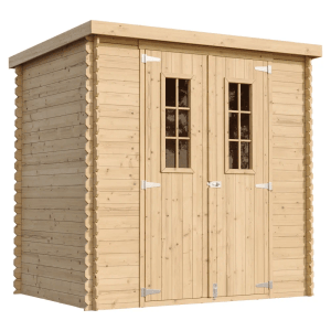 Béžovo-hnedý drevený záhradný domček Timbela M311C (2,22 m²) s dvojitými dverami a oknom.