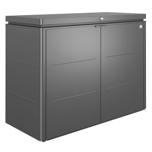 Biohort HighBoard 160 záhradný box v tmavosivej metalíze: Univerzálny box z oceľového plechu s krídlovými dverami a uzamykateľným vekom.
