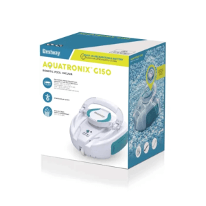 Bestway AquaTronix G150 akumulátorový bazénový robot na obale, bielo-tyrkysový, na čistenie bazéna.