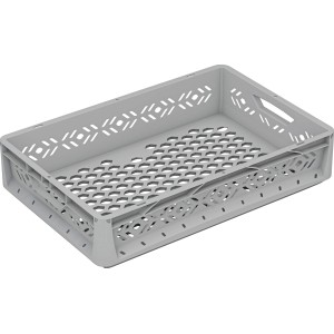 Sivý Eurobox-System Box dierovaný 60x40x12 cm na skladovanie a prepravu.