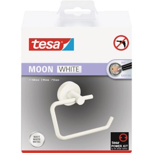 Držiak toaletného papiera Tesa Moon, matná biela, na montáž na stenu bez vŕtania.
