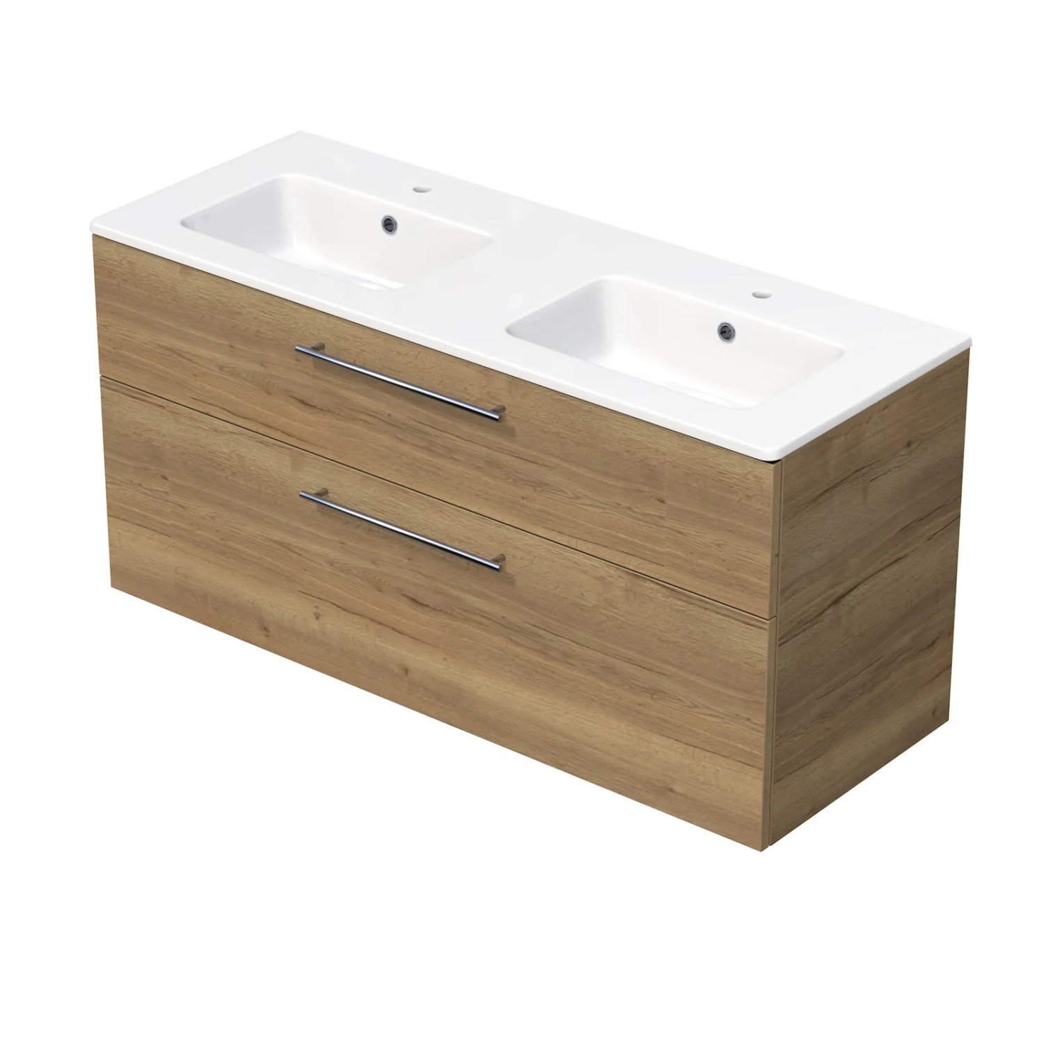 E-shop INTEDOOR Kúpeľ.skriňa+dvojumývadlo BEE, úchyt chróm, š. 121 cm, dub Halifax