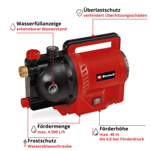 Einhell GC-GP 1145 záhradné čerpadlo, červené elektrické čerpadlo s rukoväťou, ukazovateľom hladiny vody a ochranou proti preťaženiu.