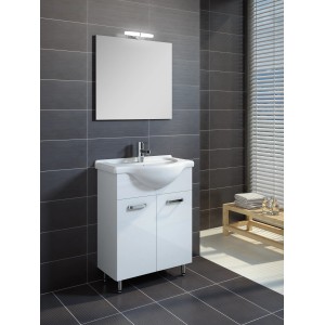 Súprava kúpeľňového nábytku Eve, 3-dielna, biela lesklá: skrinka pod umývadlo, umývadlo a zrkadlo s LED osvetlením.