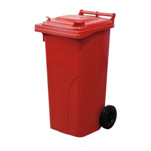 Červený odpadkový kôš s vekom a kolieskami.