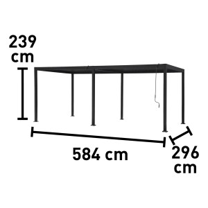 Antracitová hliníková pergola Carinda s rozmermi (239x584x296cm) pre záhradu alebo terasu.
