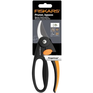 Záhradné nožnice Fiskars Bypass Elegance P44, záhradné nožnice s čiernou rukoväťou a oranžovými akcentmi.