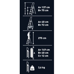 Technický nákres: Domáci rebrík, 4-stupňový, rozmery a hmotnosť.