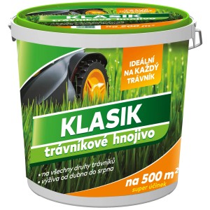 Vedro trávnikového hnojiva t.b.t. s ilustráciou kosačky.