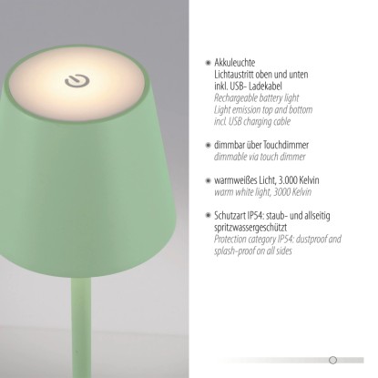 Zelená LED akumulátorová stolná lampa Just Light Euria, stmievateľná, pre vnútorné aj vonkajšie použitie.