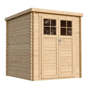 Drevený záhradný domček Timbela M309F+M309G s podlahou, 3,53 m², neošetrené drevo, dvojkrídlové dvere s oknami.