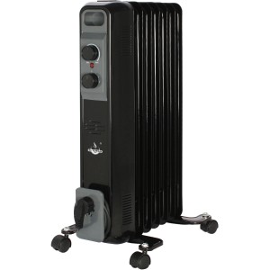 Čierny olejový radiátor El Fuego so 7 rebrami, mobilný vďaka kolieskam, s termostatom a ochranou proti prehriatiu.