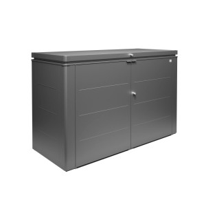 Tmavosivý kovový záhradný box Biohort HighBoard 200 s dvierkami a zámkom. Univerzálny box na vankúše, smetné koše.