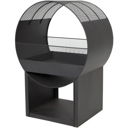 Moderné kovové ohnisko Buschbeck Porthole s úložným priestorom na drevo pre záhradu a terasu.