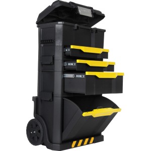 Pojazdná modulárna dielňa Stanley s boxmi na náradie a zásuvkami v čierno-žltej farbe.