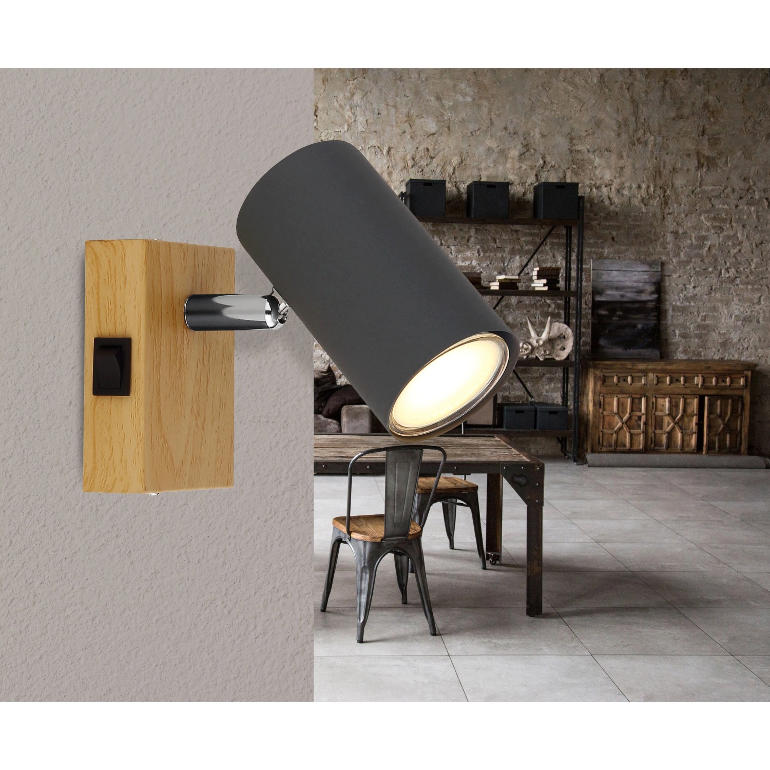 E-shop GLOBO 1bodové svietidlo ROBBY čierna/grafitová/drevo GU10 25W 70 x 100 x 120 mm