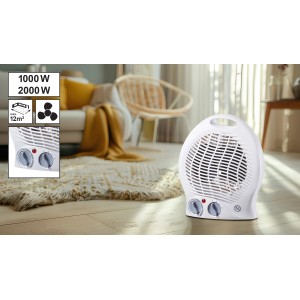 Biely ohrievač ventilátora 2 000 W s termostatom a dvoma nastaveniami ohrevu pre miestnosti do 12 m².