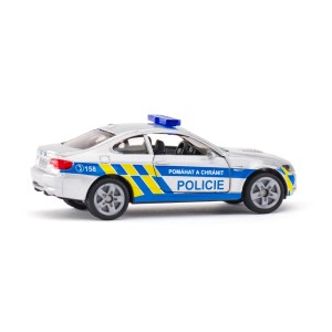 Hračka policajné auto, strieborné s modrými pruhmi, pre zábavu a hry.