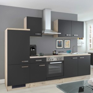 Kuchynská linka Flex-Well Lara, 270 cm, antracit/dub San Remo svetlý, s elektrospotrebičmi.