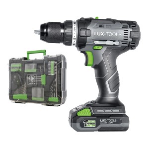 Akumulátorový skrutkovač LUX 20V so súpravou náradia a batériou.