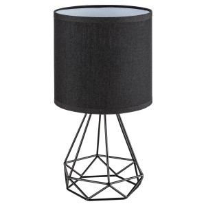Čierna nočná lampa s látkovým tienidlom a geometrickou kovovou základňou.