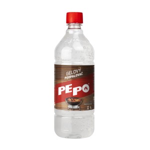 Fľaša gélového podpaľovača PEPO, 1 liter, na bezpečné zapálenie grilovacieho uhlia.