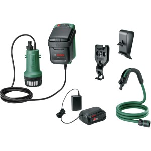 Bosch Akku GardenPump 18V-2000: Elektrické čerpadlo s akumulátorom, nabíjačkou, hadicou a príslušenstvom na zavlažovanie záhrady.