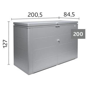 Tmavosivý kovový záhradný box Biohort HighBoard 200 s vekom, dvojitými dverami a rozmermi 200x127x84 cm. Uzamykateľný univerzálny box.
