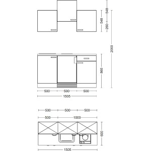 Nákres kuchyne Flex-Well Exclusiv Eico 150 cm, magnólia biela/dub Tennessee, s rozmermi.
