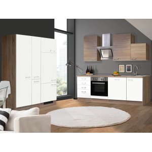 Kuchynská linka Flex-Well Florida, 360 cm, biela/dub Sonoma, so spotrebičmi a drezom.