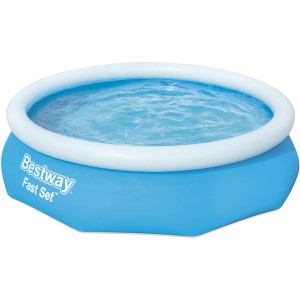 Modrý bazén Bestway Fast Set, Ø 305 cm, okrúhly rýchlorozkladací bazén s bielym nafukovacím prstencom a vodou.