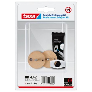 Tesa Power Kit BK43-2: Sada adaptérov na montáž kúpeľňových doplnkov na stenu bez vŕtania, vrátane lepidla a imbusového kľúča.