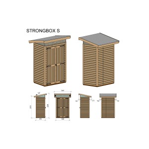 Drevený záhradný domček Upyard Strongbox S so základom, prírodné prevedenie, rôzne pohľady a rozmery.