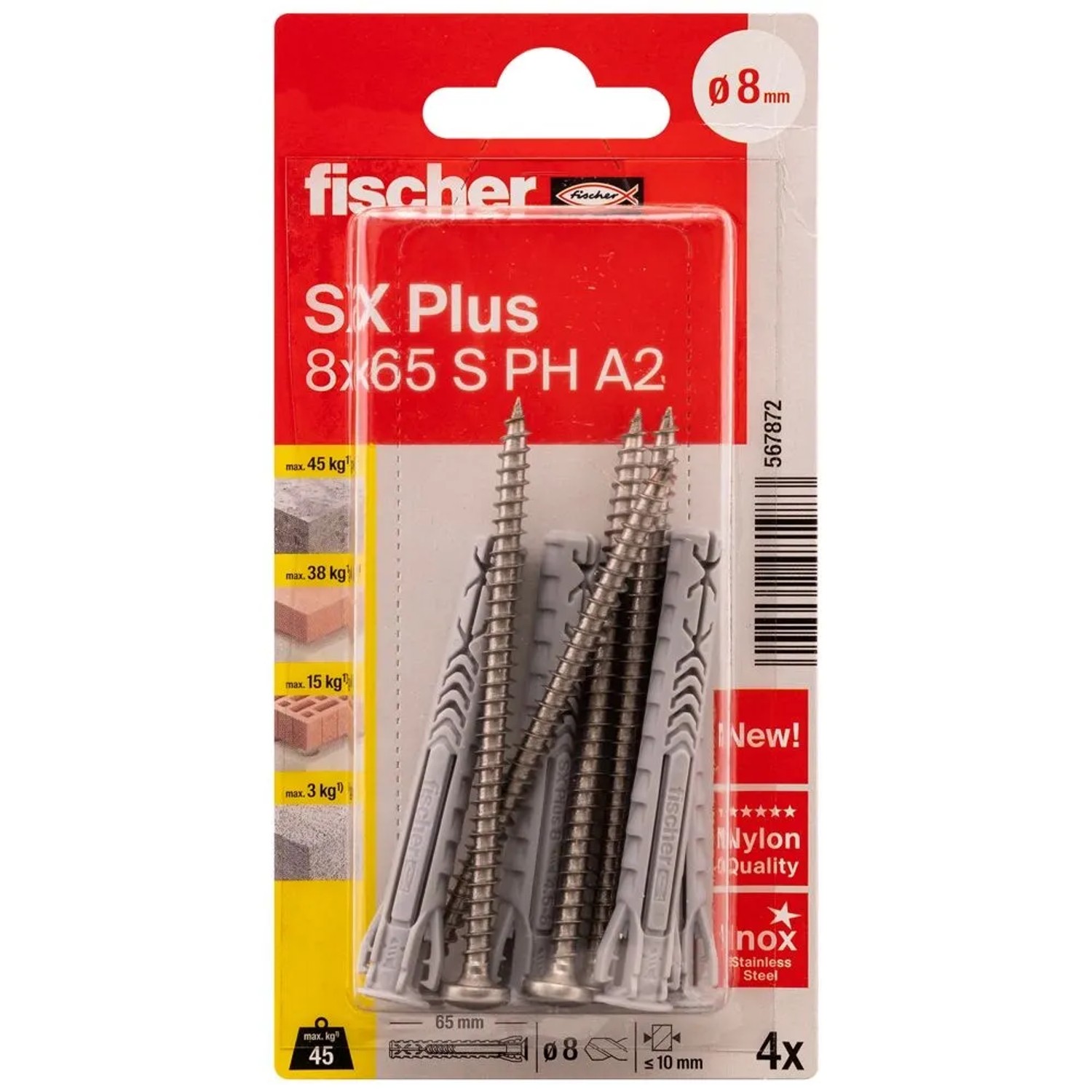 E-shop Fischer Rozperná hmoždinka SX Plus, 8 x 65 S vr. skrutiek A2, 4+4 ks (blister)