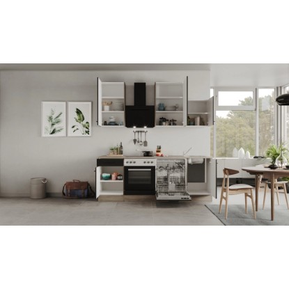Kuchynská linka Flex-Well Capri, 220 cm, čierna matná a dekor Endgrain Oak s elektrospotrebičmi.