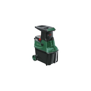 Tichý drvič Bosch AXT 25 D so zberným boxom a kolieskami na záhradný odpad.