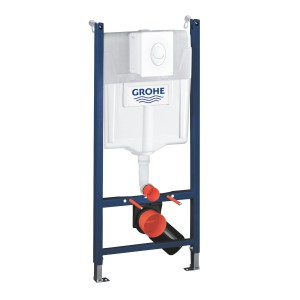 Splachovacia nádržka Grohe WC s modrým montážnym rámom pre WC sety.