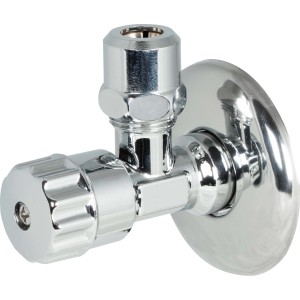 Chrómovaný rohový ventil pre práčku s rozetou, pripojenie 21 mm (R 1/2) x 10 mm.