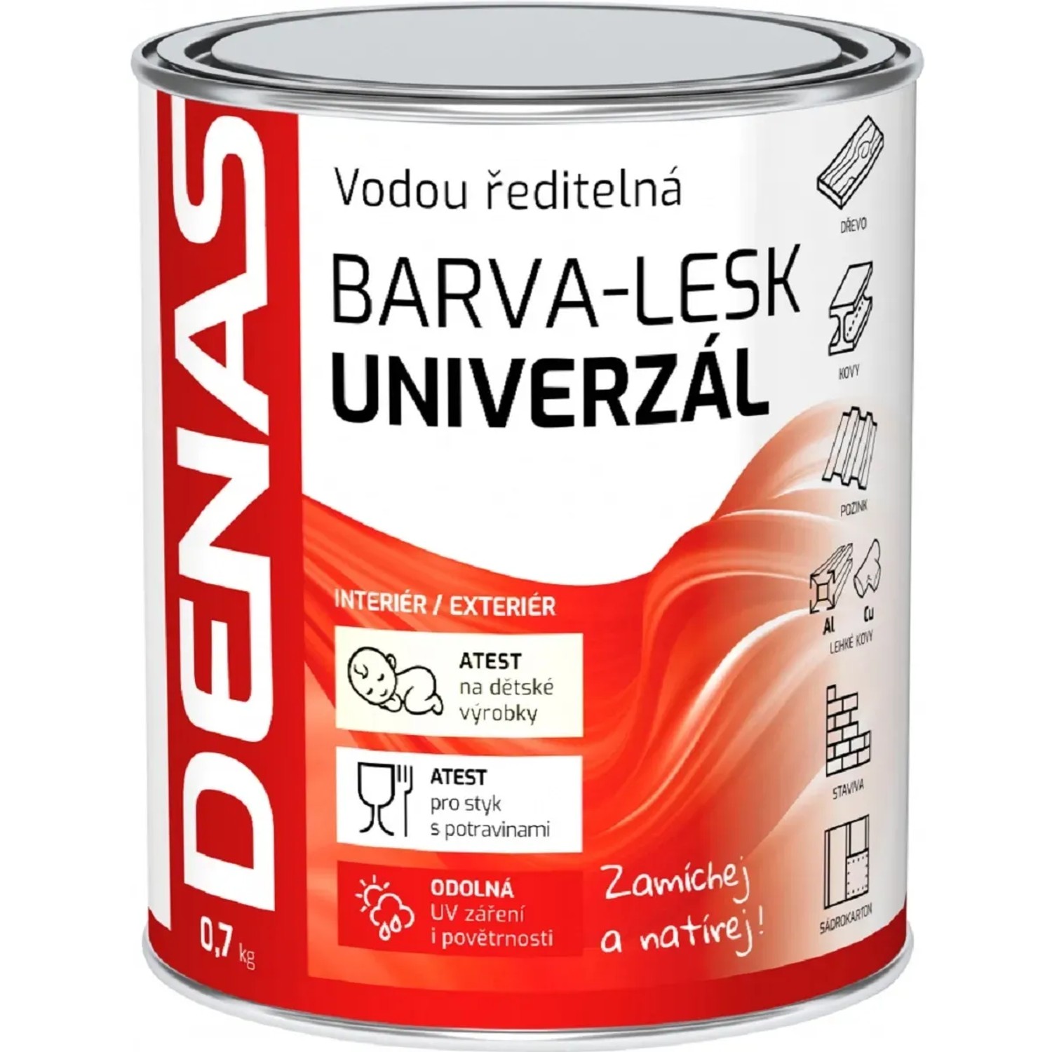 E-shop Denas Vrchná farba na drevo, kov a betón Univerzál-lesk, 0100 biela, 700 g