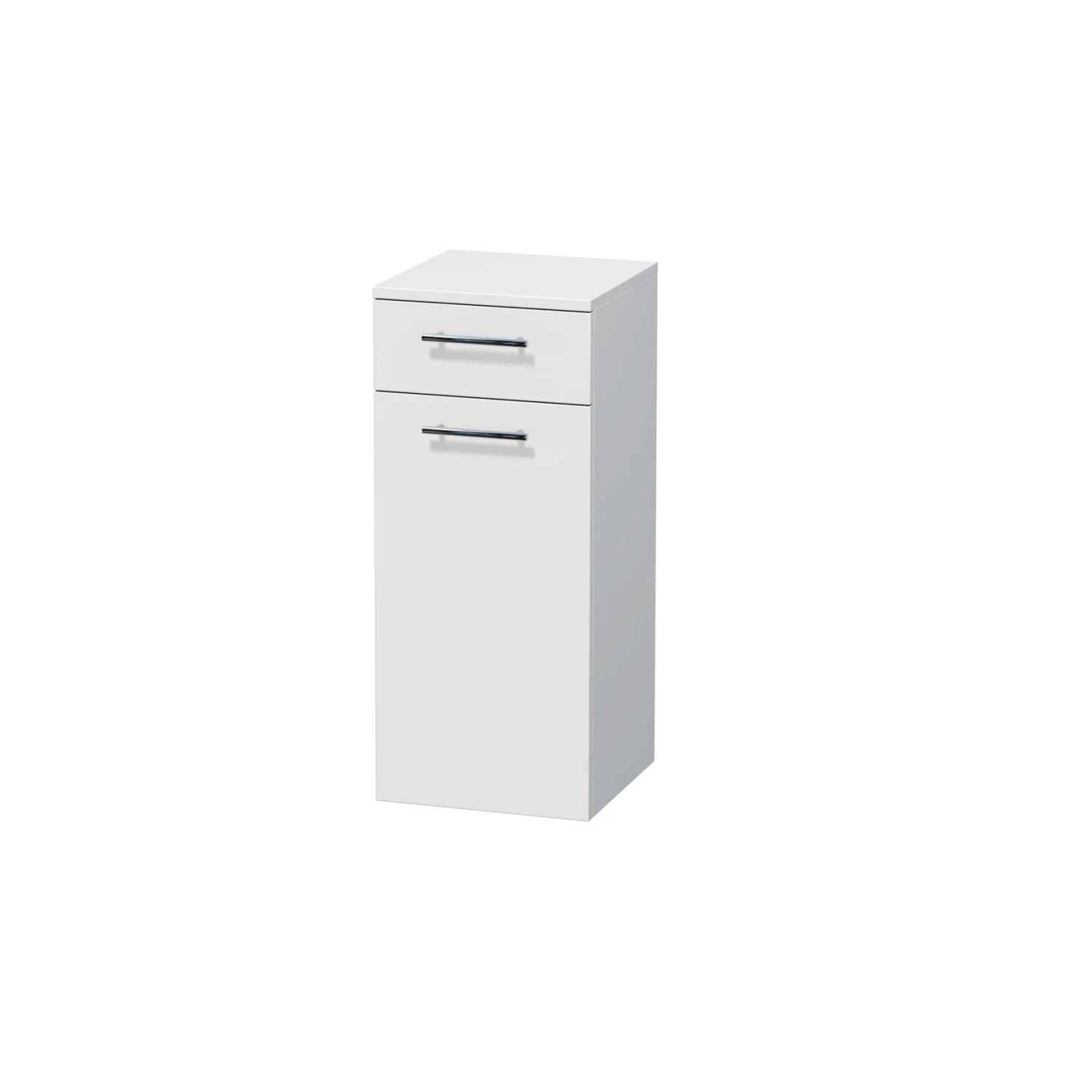 E-shop INTEDOOR Nízka skriňa BEE, úchyt chróm, 1 zásuvka, kôš, š. 35 cm, biela lesk
